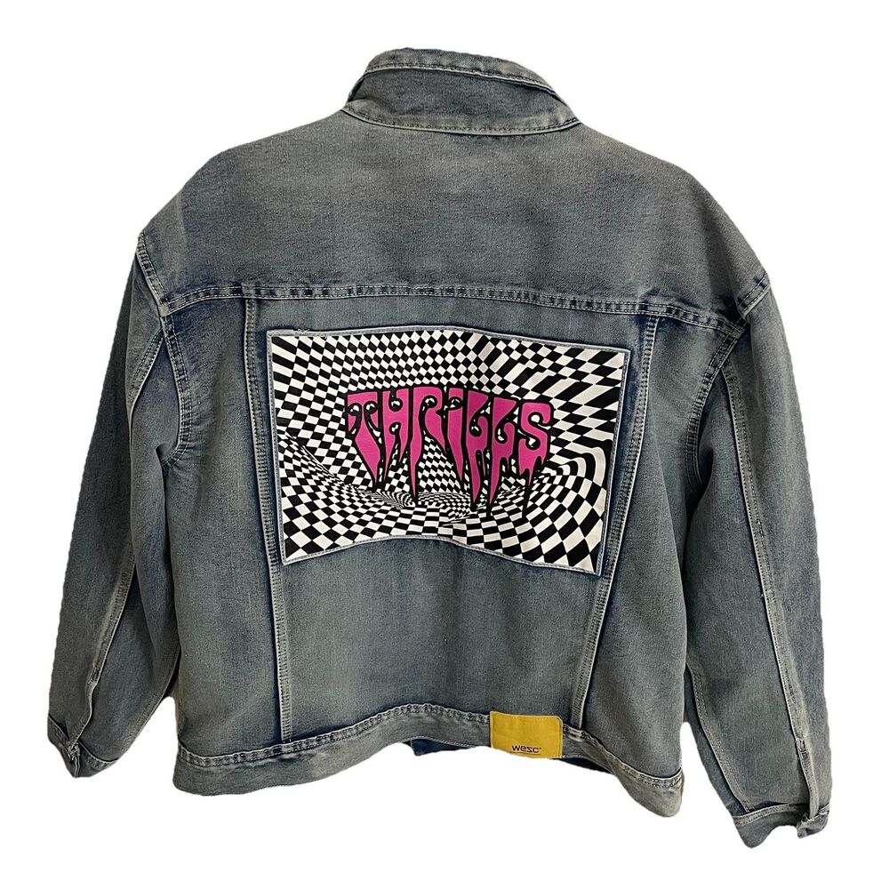 WESC Trucker Jacket Womens XL Blue GUILTY PLEASURES THRILLS Denim Y2K 90s
